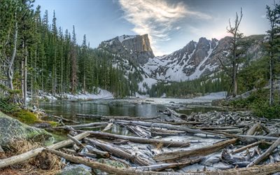 Lago del sogno, registri, foresta, montagne, sera, Rocky mountain National Park, USA, America