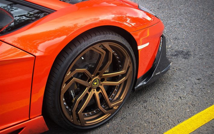 Lamborghini Aventador LP-700, ruedas de oro, de oro de ruedas, naranja aventador, los coches deportivos, el superdeportivo