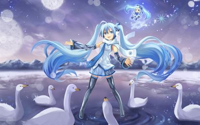 Yuki miku, cygnes, l'hiver, les cheveux bleus, Vocaloid
