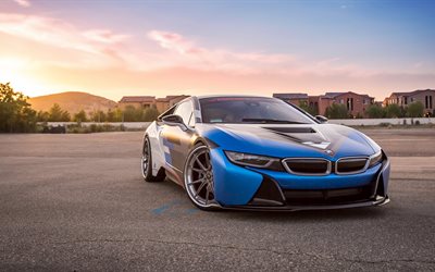 supercars, Vorsteiner, el ajuste de 2016, el BMW i8, puesta de sol, parking, azul bmw