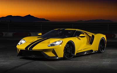 Ford GT, 2017, jaune Ford, la nuit, les voitures de sport, voitures Américaines, Ford