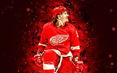 Tyler Bertuzzi, 4k, red neon lights, Detroit Red Wings, NHL, hockey, Tyler Bertuzzi 4K, red abstract background, Tyler Bertuzzi Detroit Red Wings