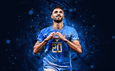 Vincenzo Grifo, 4k, blue neon lights, Italy National Football Team, soccer, footballers, blue abstract background, Italian football team, Vincenzo Grifo 4K