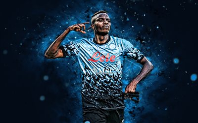 Victor Osimhen, 4k, personal celebration, SSC Napoli, blue neon lights, soccer, Serie A, nigerian footballers, Victor Osimhen 4K, blue abstract background, football, Napoli FC, Victor Osimhen Napoli