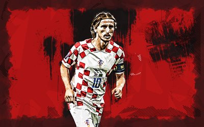 4k, Luka Modric, grunge art, Croatia National Team, soccer, footballers, red grunge background, Croatian football team, Luka Modric 4K