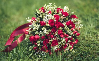 bouquet de mariage, roses rouges, roses, lys, beau bouquet