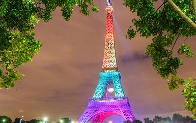 Tour Eiffel, Paris, France, repères, la France, la nuit, l'éclairage de la tour