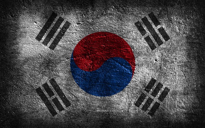 4k, etelä-korean lippu, kivirakenne, kivi tausta, etelä-korean päivä, grunge-taide, etelä-korean kansalliset symbolit, etelä-korea