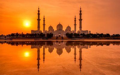 sheikh zayed grand mosque, solnedgång, abu dhabi landmärken, uae, moskéer, abu dhabi, förenade arabemiraten, asien, islamisk arkitektur