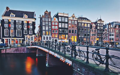 Singel Canal, evening, Amsterdam, dutch cities, Europe, Netherlands, bridge, bicycles