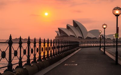 sydney opera house, pôr do sol, atração australiana, sydney marcos, teatro, sydney paisagem urbana, cidades australianas, sydney, austrália
