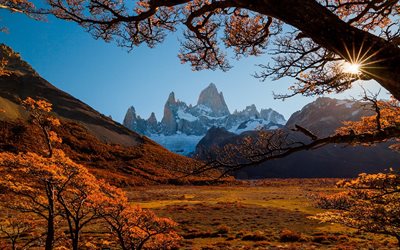 patagonia, otoño, hermosa naturaleza, montañas, puesta de sol, argentina, américa del sur, río
