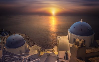 santorini, thira, tarde, puesta de sol, mar egeo, paisaje marino, grecia, puesta de sol en el pueblo de oia, mar