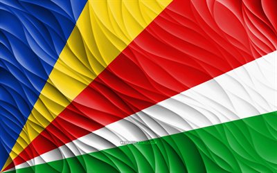 4k, 세이셸 국기, 물결 모양의 3d 플래그, 아프리카 국가, 세이셸의 국기, 세이셸의 날, 3d 파도, 세이셸 국가 상징, 세이셸