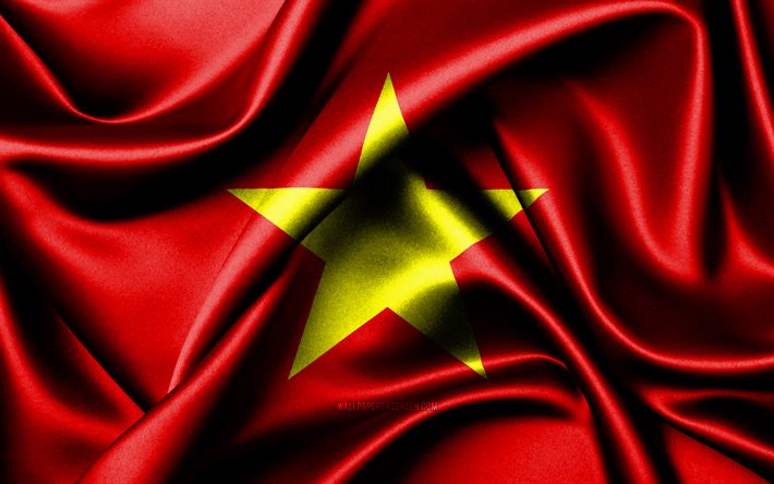 vietnamin lippu, 4k, aasian maat, kangasliput, vietnamin päivä, aaltoilevat silkkiliput, aasia, vietnamin kansalliset symbolit, vietnam