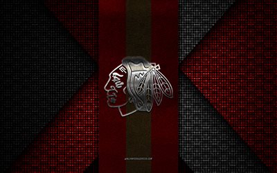 blackhawks de chicago, nhl, texture tricotée noire rouge, logo des blackhawks de chicago, club de hockey américain, emblème des blackhawks de chicago, hockey, chicago, états-unis