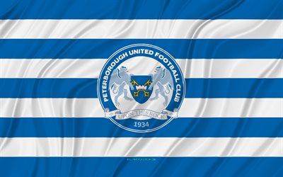 peterborough united fc, 4k, bandiera ondulata bianca blu, campionato, calcio, bandiere in tessuto 3d, bandiera peterborough united, logo peterborough united, squadra di calcio inglese, peterborough united