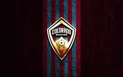 Colorado Rapids golden logo, 4k, purple stone background, MLS, american soccer club, Colorado Rapids logo, soccer, Colorado Rapids FC, football, Colorado Rapids