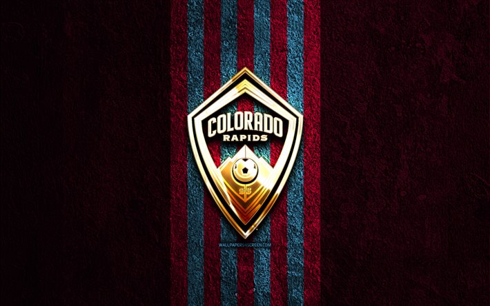 كولورادو رابيدز الشعار الذهبي, 4k, الأرجواني الحجر الخلفية, mls, نادي كرة القدم الأمريكي, شعار كولورادو رابيدز, كرة القدم, كولورادو رابيدز