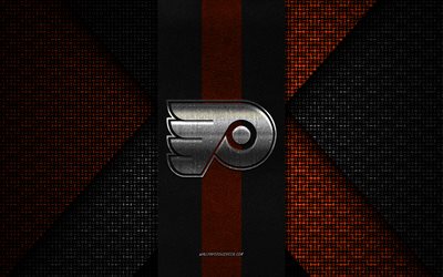 flyers de philadelphie, nhl, texture tricotée orange noire, logo des flyers de philadelphie, club de hockey américain, emblème des flyers de philadelphie, hockey, philadelphie, états-unis