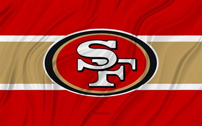 सैन फ्रांसिस्को 49ers, 4k, लाल भूरा लहराती झंडा, एनएफएल, अमरीकी फुटबॉल, 3डी कपड़े के झंडे, सैन फ्रांसिस्को 49ers झंडा, अमेरिकी फुटबॉल टीम, सैन फ्रांसिस्को 49ers लोगो
