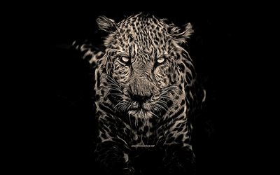 4k, ヒョウ, 捕食者, 黒の背景, ベクトルアート, 捕食者の図面, ヒョウの絵, ヒョウベクトル