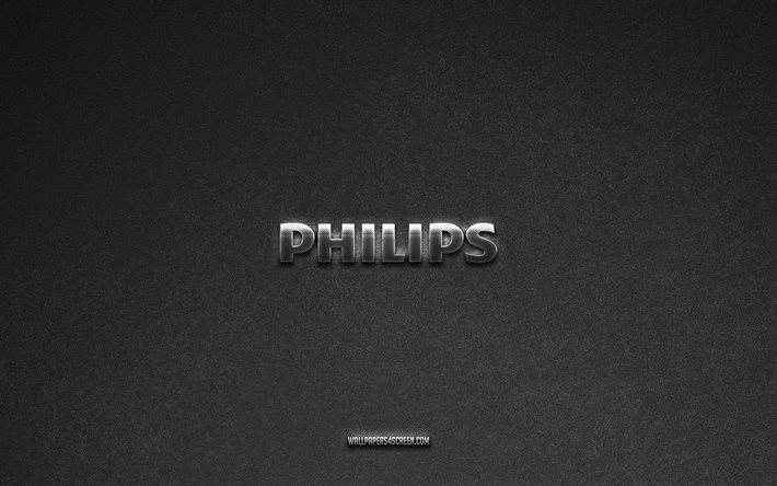logotipo de philips, marcas, fondo de piedra gris, emblema de philips, logotipos populares, philips, letreros de metal, logotipo de philips metal, textura de piedra