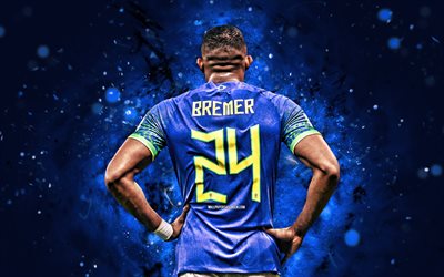 ブレーマー, 4k, 青いネオンライト, バックビュー, ブラジル代表チーム, サッカー, サッカー選手, 緑の抽象的な背景, ブラジルのサッカーチーム, ブレマー4k