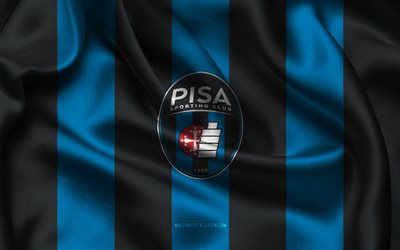 4k, logo pisa sc, tessuto di seta nera blu, squadra di calcio italiana, pisa sc emblema, serie b, pisa sc, italia, calcio, pisa sc flag