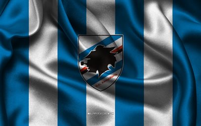 4k, logo uc sampdoria, tessuto di seta bianca blu, squadra di calcio italiana, emblema uc sampdoria, serie b, uc sampdoria, italia, calcio, flag uc sampdoria