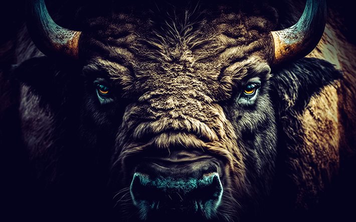 búfalo, focinho, animais selvagens, bison close up, olhos de bison