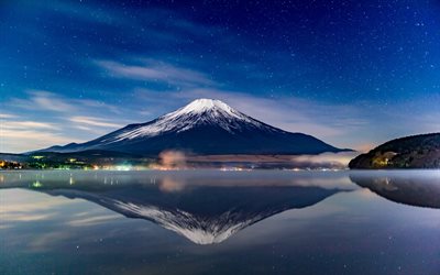 fuji-vuori, tulivuori, yö, heijastukset, japani