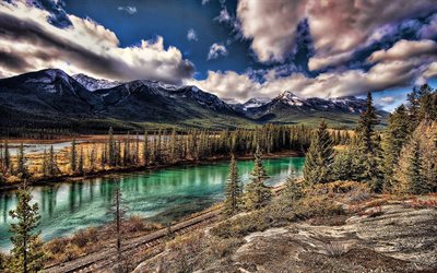 sunset, forest, canada, the river bou, bow river, mountains, hdr