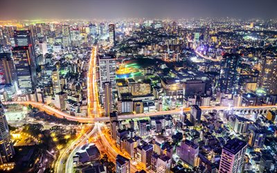 tokio, carretera, japón, luces brillantes, ciudad por la noche