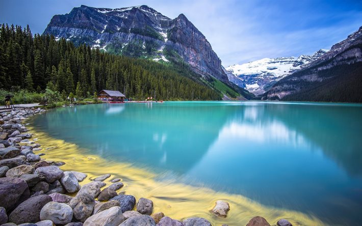 dağ, göl, yaz, kıyı, ev, Kanada