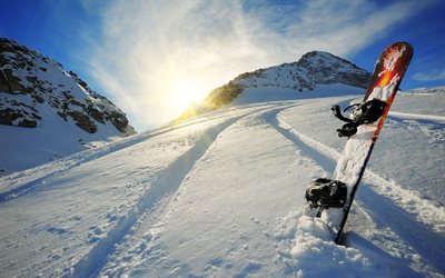 snow, mountains, snowboard, winter