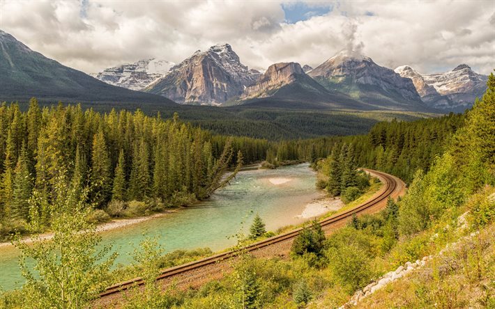 canada, bow river, railway, the river bou, mountains