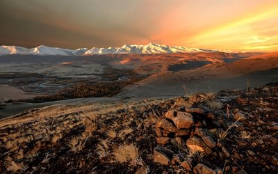 altai, nord-chuya åsen, höst, berg, solnedgång, ryssland