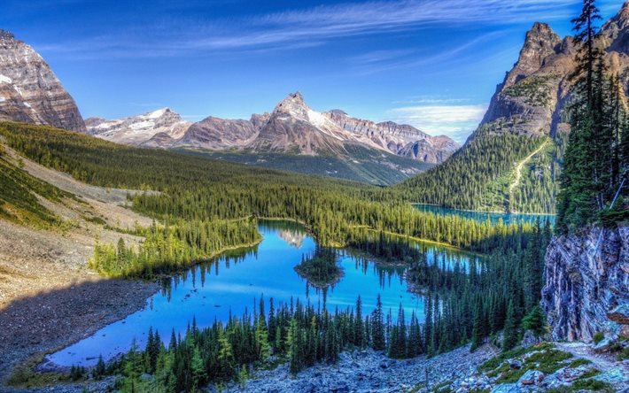 mountains, forest, valley, summer, canada, hdr