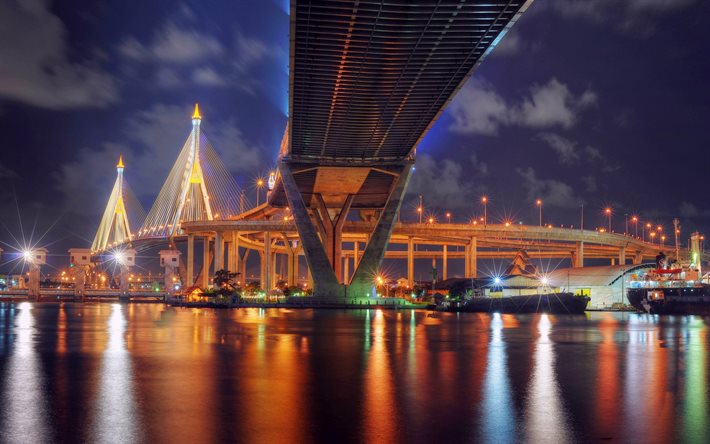 भूमिबोल पुल, थाईलैंड, बैंकाक, बैंकॉक, रात, पुल