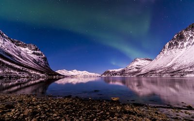 winter, lights, night, fjord tromsø, norway