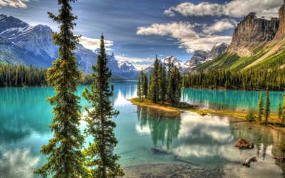 le lac maligne, hdr, le canada, les montagnes, la forêt, le lac malin, été, canada