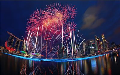 salut, fêtes, feux d'artifices, nuit, singapour