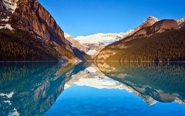 lake louise, reflektion, solnedgång, berg, sommar, banff, kanada