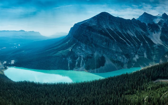 forest, lake louise, mountains, alberta, canada, summer, hdr