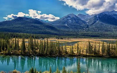 canada, alberta, clouds, bow river, mountains, the river bou