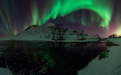 noite, luzes do norte, montanhas, aurora boreal
