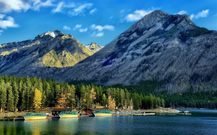 alberta, kanada, banff, lake minnewanka lake minnewanka, hdr, berge, kanadische rocky mountains, sommer