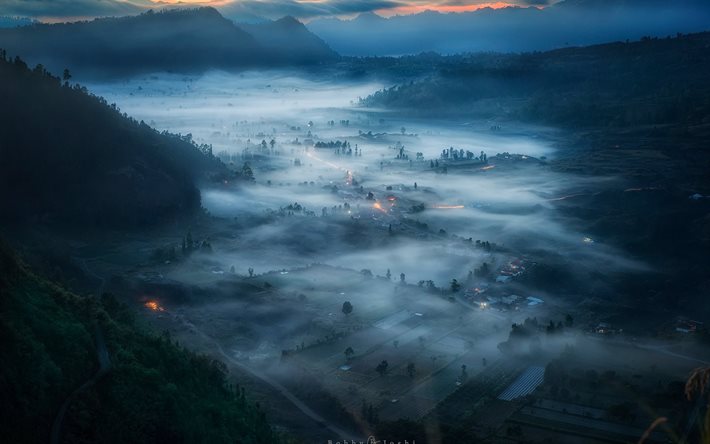 bali, vallée, brouillard, matin, indonésie