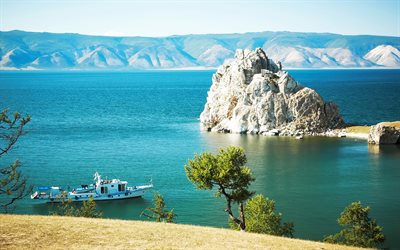 le bateau, le lac baïkal, le rock, la russie, le baïkal